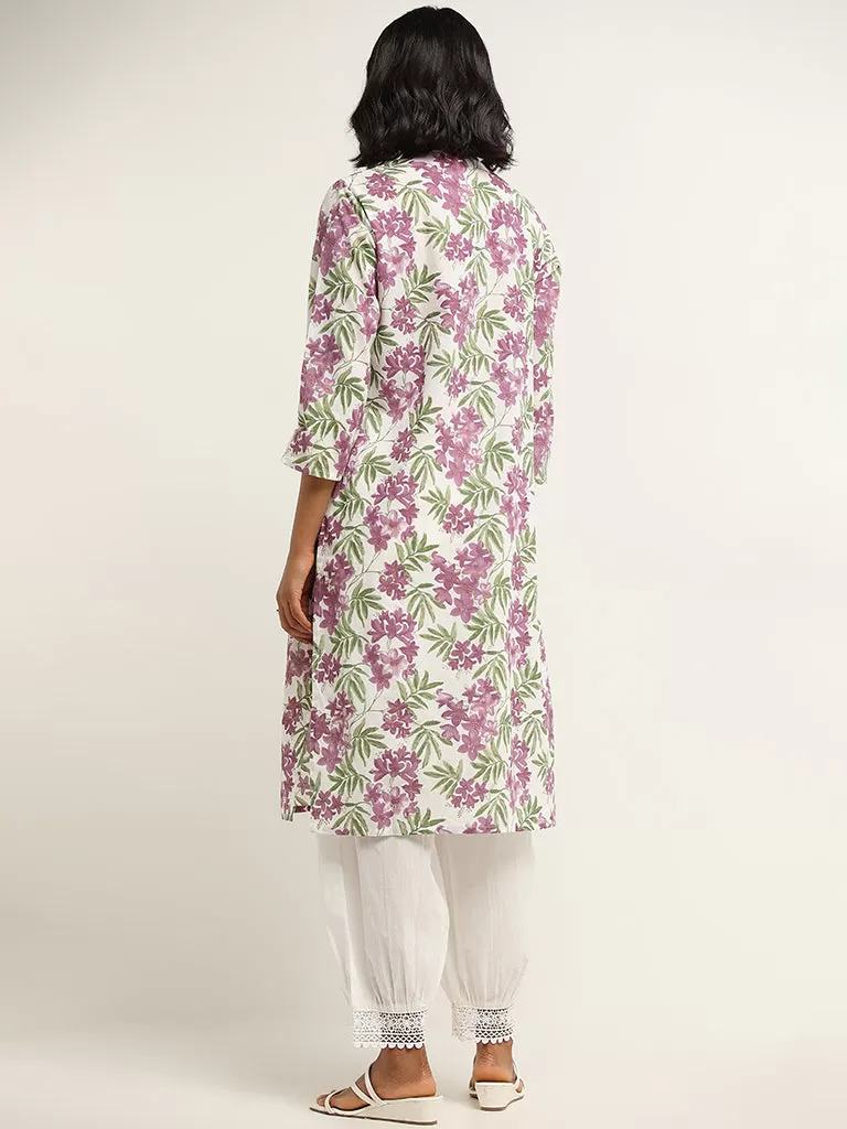 Utsa Purple Straight Fit Floral Print Cotton Kurta