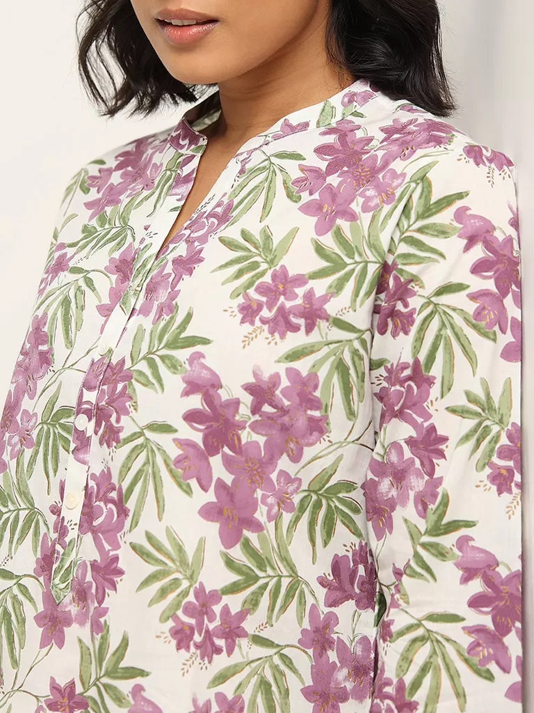 Utsa Purple Straight Fit Floral Print Cotton Kurta