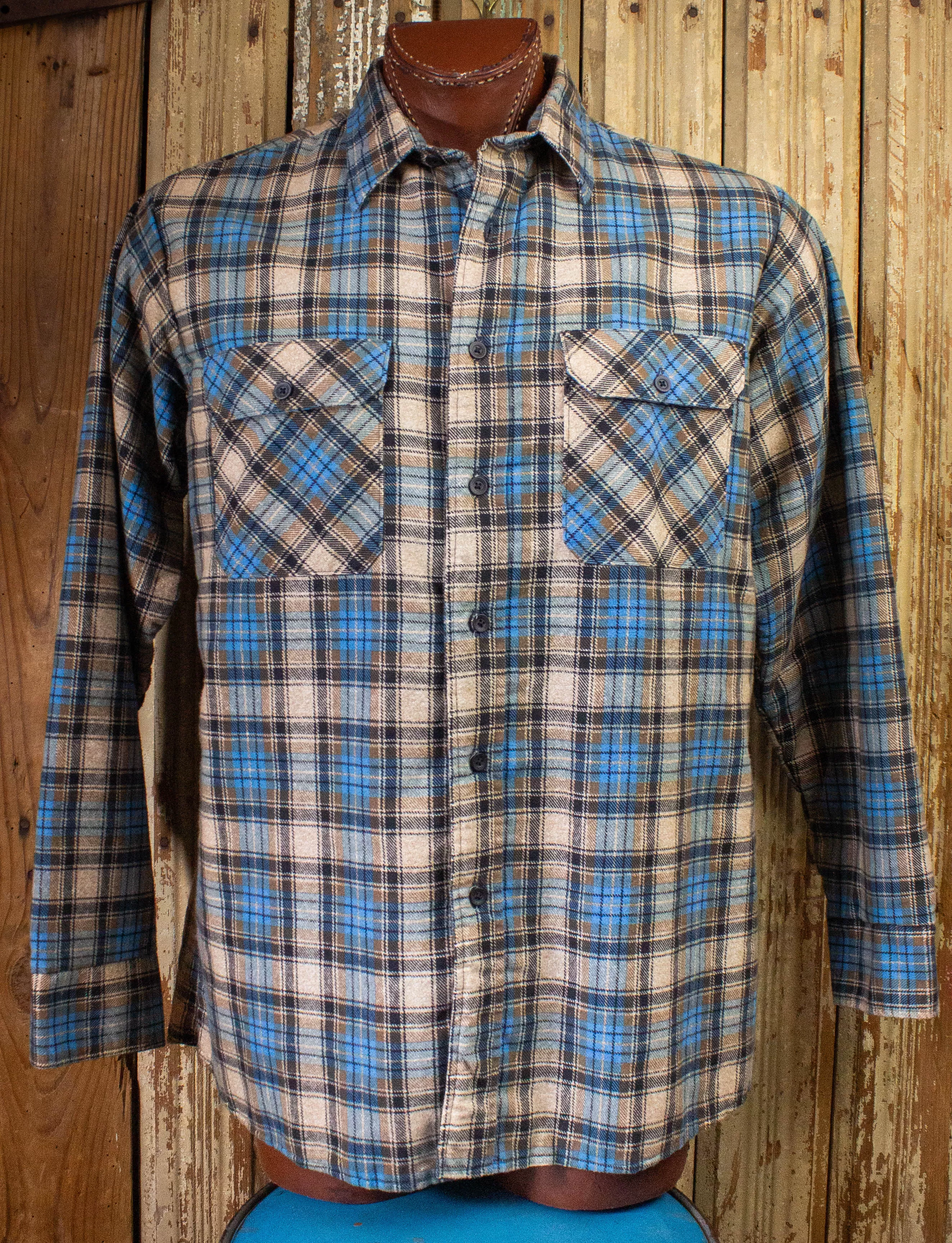 Vintage Fieldmaster Quilt Lined Plaid Flannel Blue/Tan XL