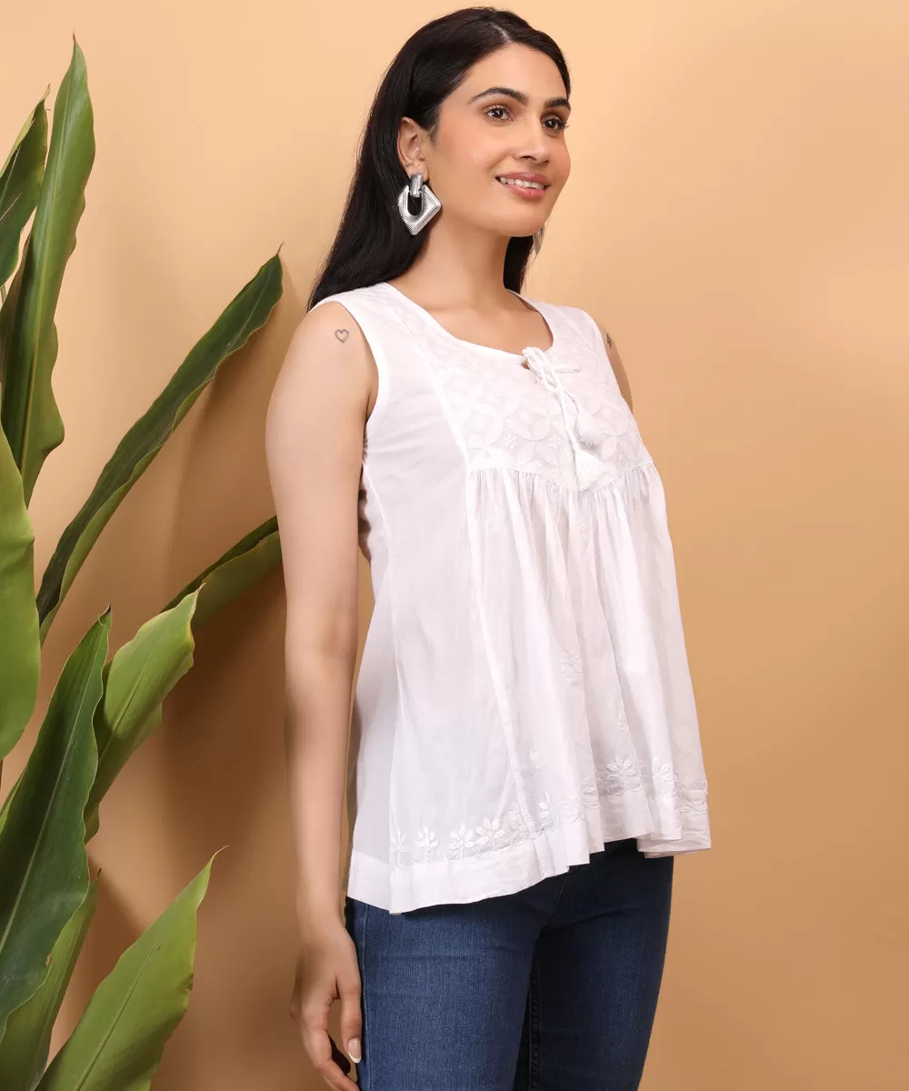 White hand embroidered cotton chikankari yoke top