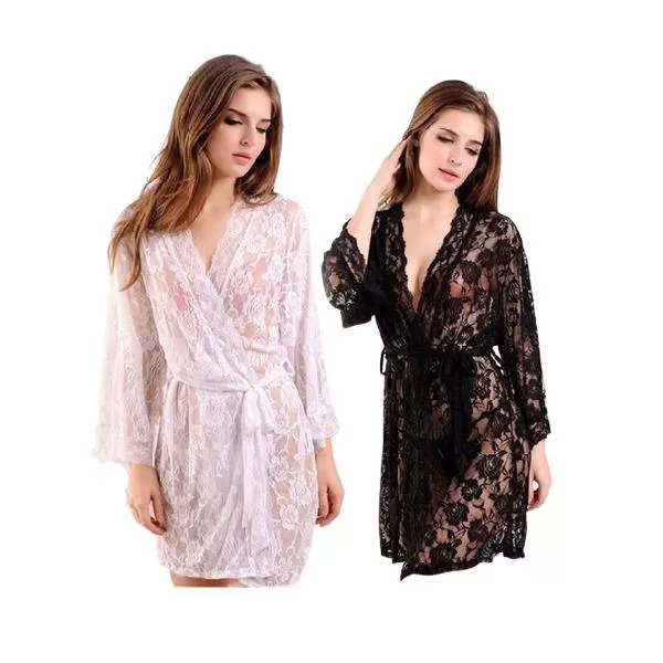 Womens Sexy Nighty Sexy Transparent lace Robe Nighty with G String Panty Black Sexy Nighty