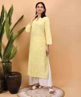 Yellow hand embroidery cotton chikankari straight kurta